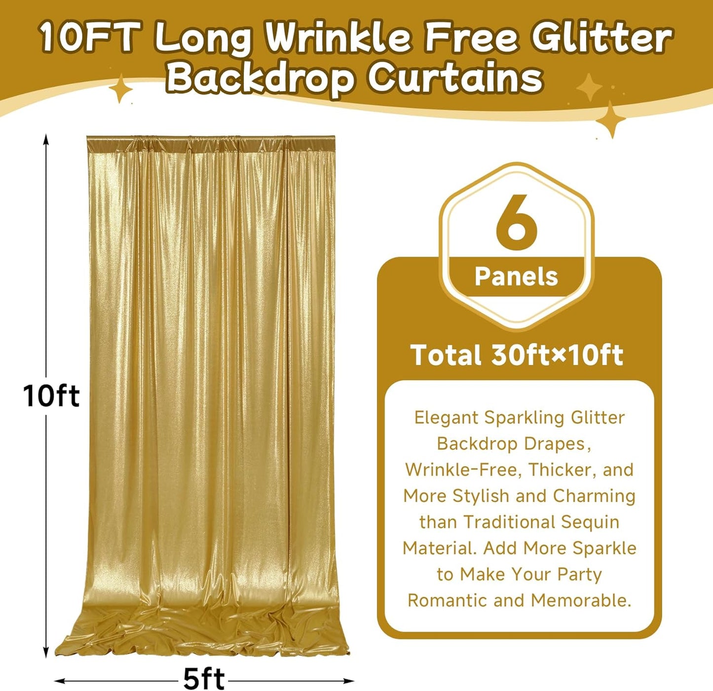 leegleri 30x10ft Thick Gold Glitter Backdrop Curtain Panels for Parties, Wrinkle Free Sparking Sequin Backdrop Drapes, 6 Panels 5x10ft Shimmer Photo Back Drop Cloth for Wedding Birthday Photography