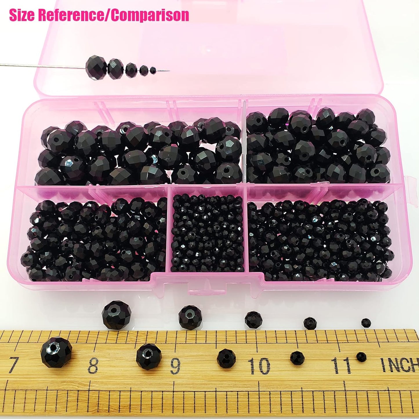 2-10mm Briolette Rondelle 810pcs Black Crystal Glass Beads Faceted Shape Crystal Spacer Beads for Bracelet Necklace Decorative Hand Jewelry Making (2/4/6/8/10mm Black)