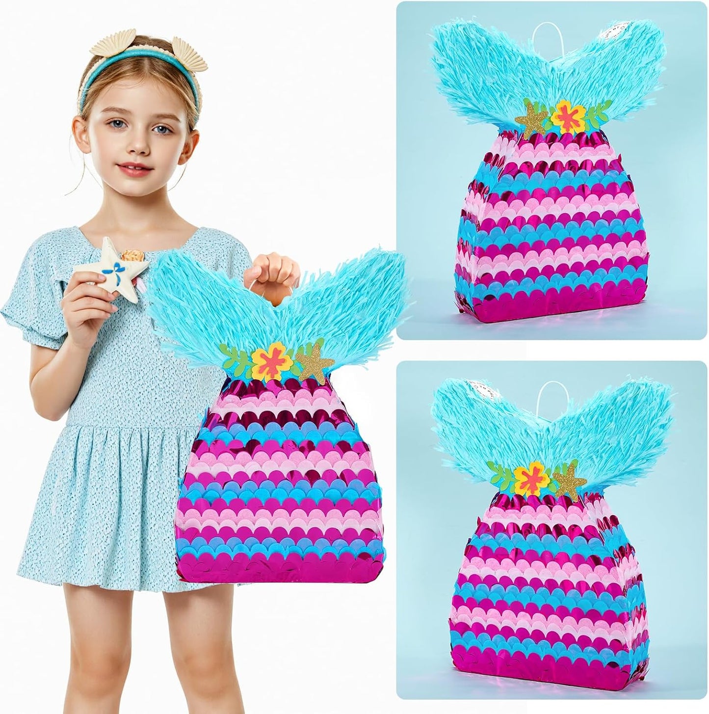 WERNNSAI Mermaid Piñata - Mermaid Party Games Decorations Mermaid Tail Piñata with Blindfold and Bat for Girls Kids Under the Sea Themed Birthday Party Supplies (12.5" x 16.5" x 3")