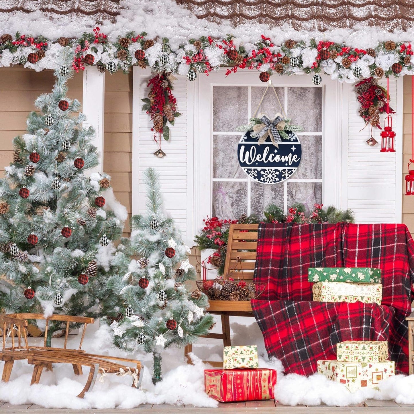 CHDITB Blue Welcome Winter Front Door Sign Wreath(11.4”), Wooden 3D Welcome Home Decoration Wall Hanging with Plaid Bow Snowflake, Farmhouse Christmas New Year Decor for Home Office