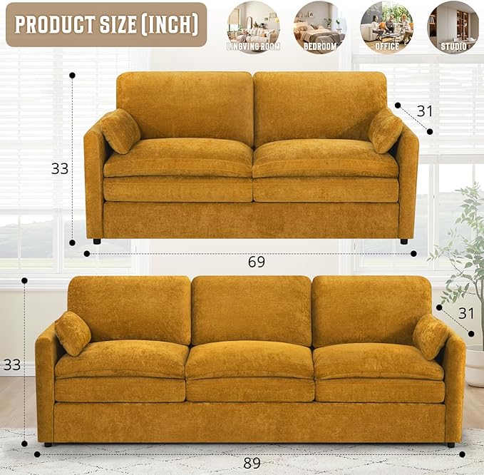 Comfy Chenille Sofa Set with Well-Filled Pillows, Modern 3 Seater and Loveseat - Image 3