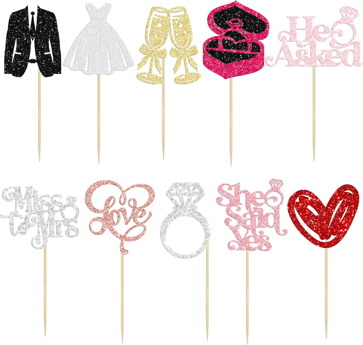 Gyufise 30Pcs She Said Yes Cupcake Toppers Glitter Diamond Ring I Do Love Cupcake Picks Miss to Mrs He Asked Bridal Shower Wedding Engagement Bachelorette Cake Decoration Multicolor