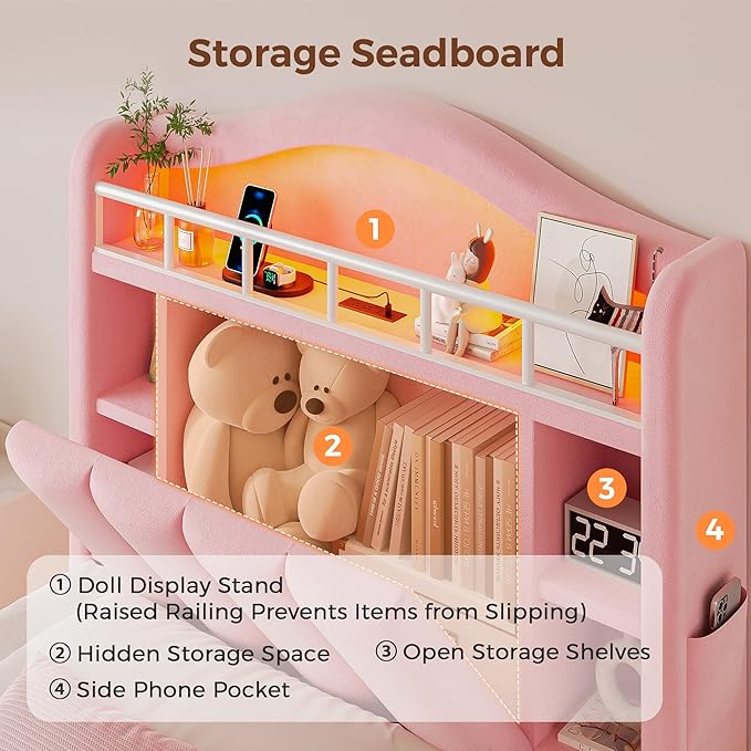 Twin LED Bed Frame with Storage Headboard & 2 Storage Drawers, Princess Velvet - Image 4
