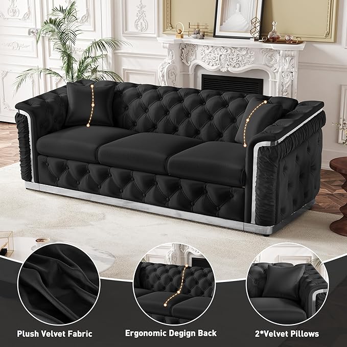 Luxury Chesterfield Sofa Set of 2, Velvet Tufted Couch Victorian Black and - Image 5