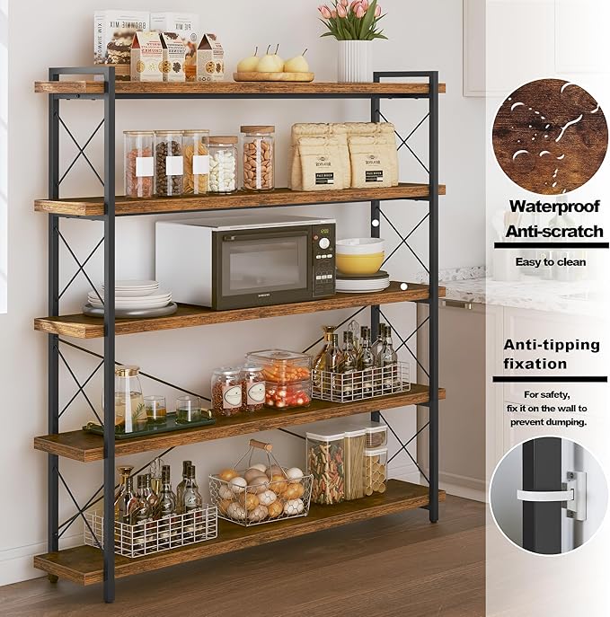 HCHQHS Large Bookshelf, 5-Tier Long Industrial Bookcase, Rustic Brown Book Shelf - Image 4