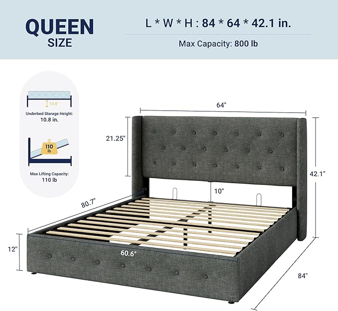 Allewie Queen Size Lift Up Storage Bed, Button Tufted Headboard - Image 2