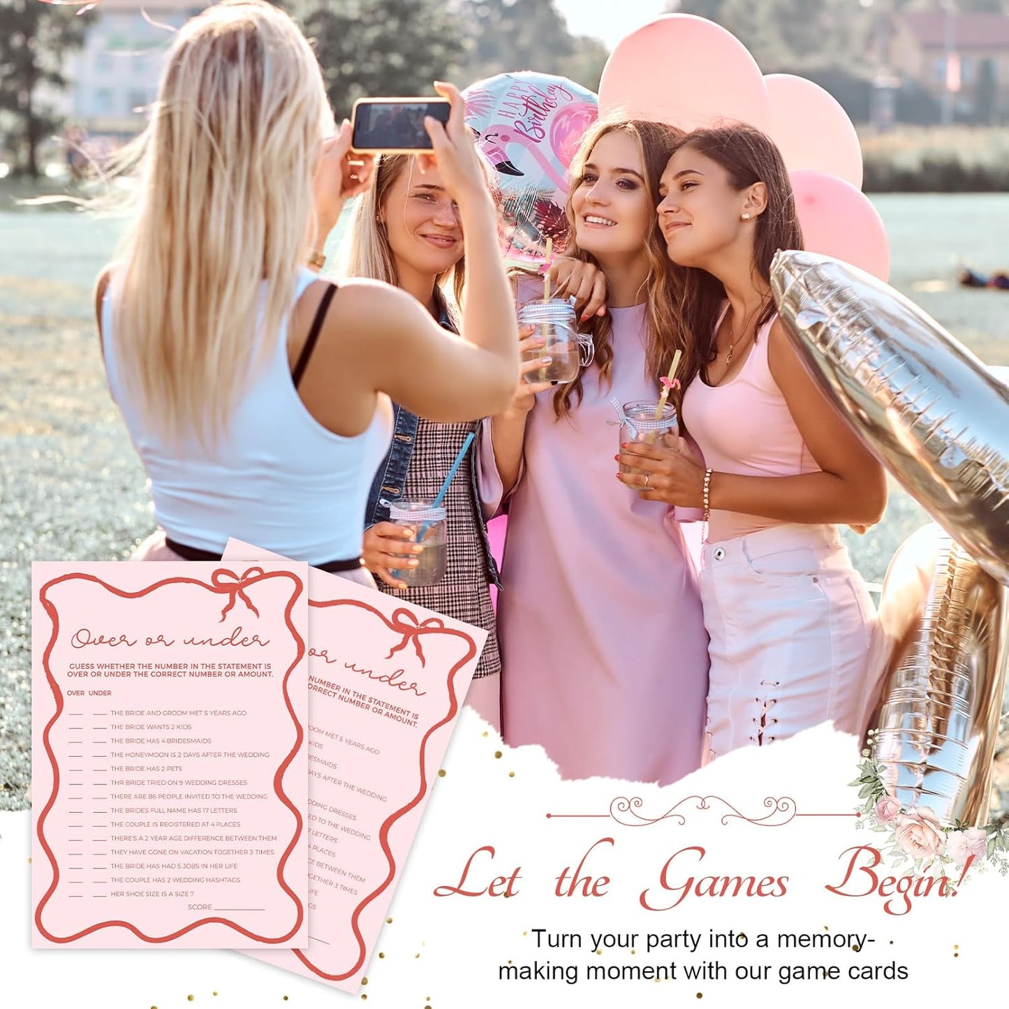 DEEKA 30 PCS Bridal Shower Games Card for 30 Guests Pink Wavy Border Ribbon Bow Funny Wedding Bachelorette Party Games for Reception (Over Or Under)