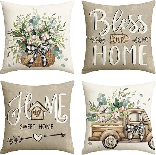 AVOIN Colorlife Bless Our Home Farmhouse Eucalyptus Leaves Throw Pillow Covers by AVOINcolorlife