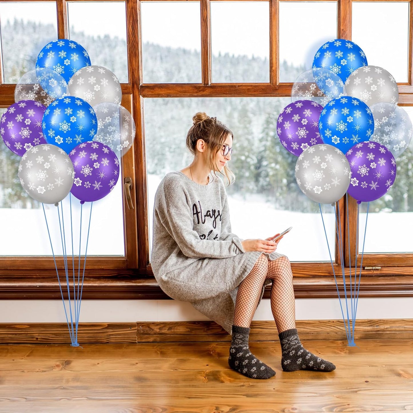 Skylety 40 Pieces Snowflake Balloons Bulk Winter Transparent Snowflake Latex Balloons for Christmas Birthday Wedding Party Decorations(Blue, Purple, Silver, Clear)