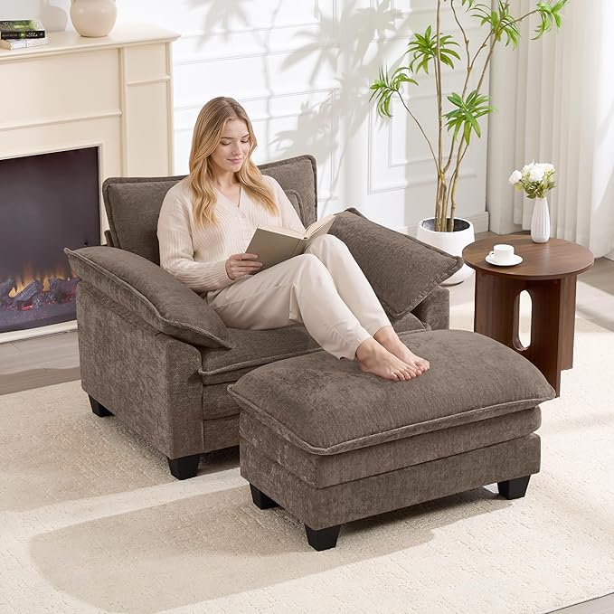Oversized Accent Chair with Ottoman Set of 2, Upholstered Armchair with Extra - Image 6
