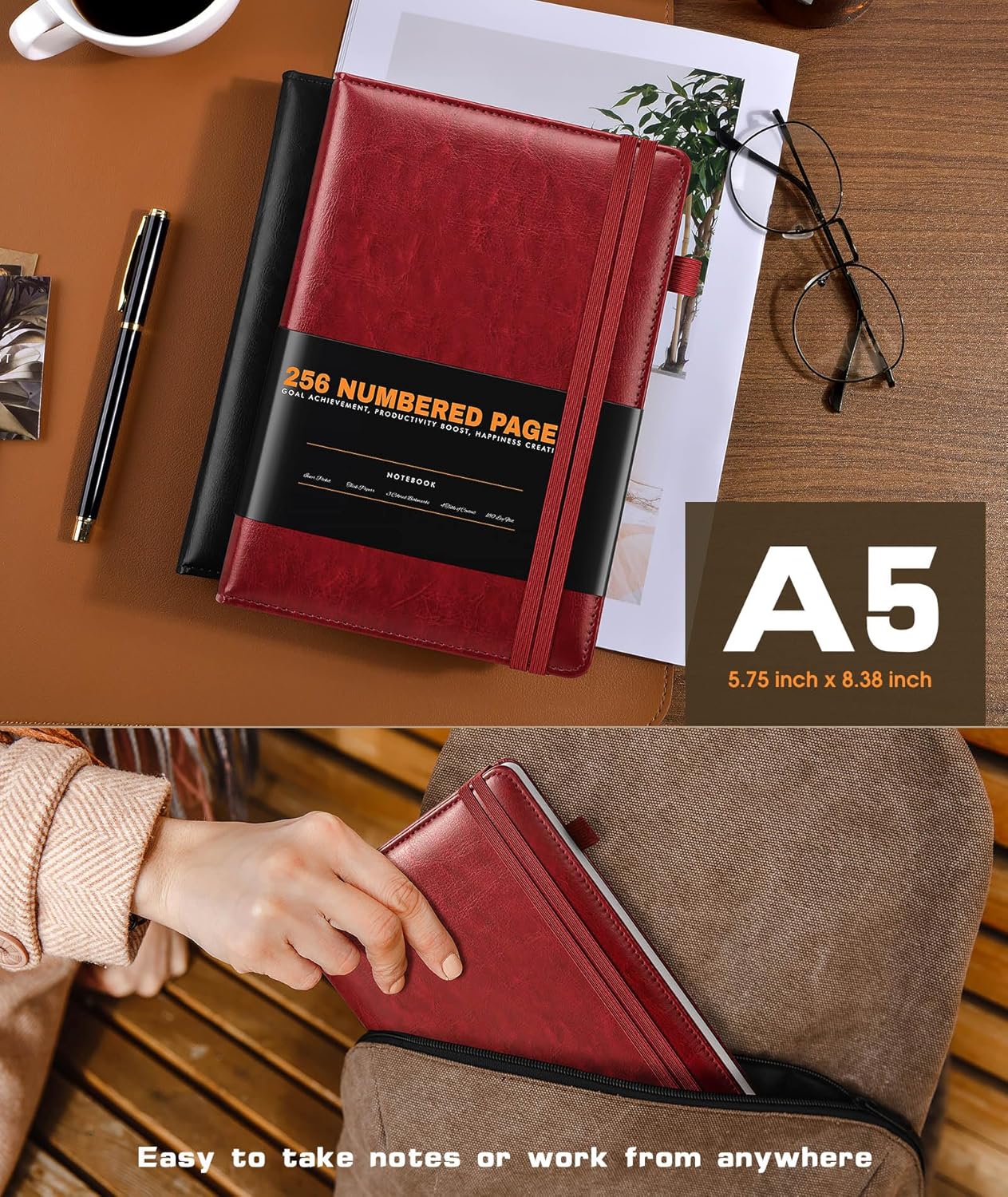 Lined Journal Notebook for Women Men, 256 Numbered Pages Hardcover Leather Journals for Writing, A5 Journaling Notebooks, College Ruled Journal for Business Work School 5.75" x 8.38" Wine Red