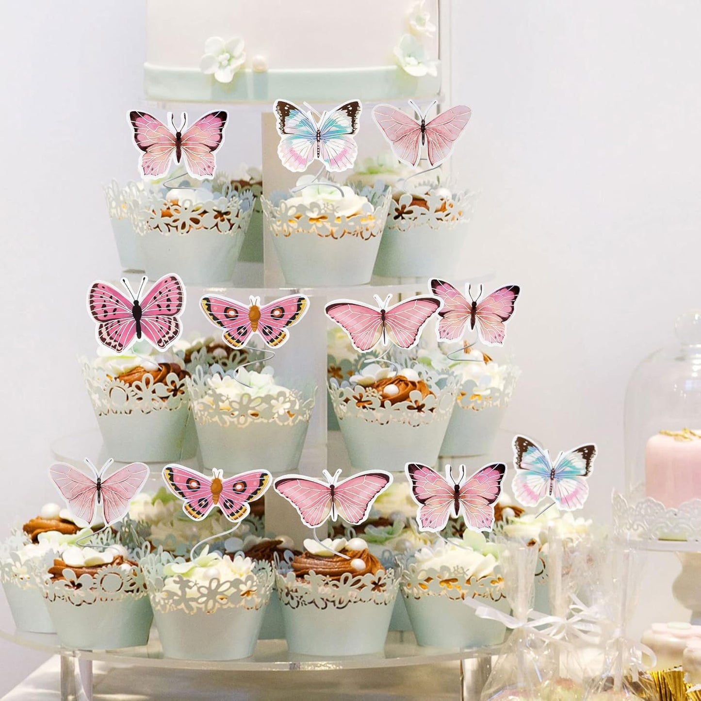 Gyufise 36Pcs Lively Art 3D Butterfly Cupcake Toppers - Pink Decorations for Girls' Birthday, Wedding, Party Cakes