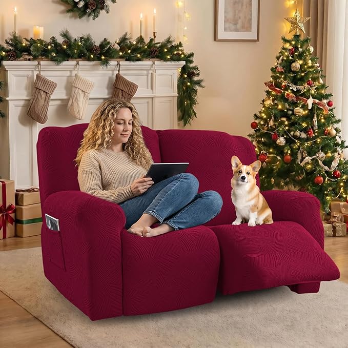 Recliner Loveseat Covers, 4-Piece Stretch Geometric Strokes Jacquard Reclining - Image 5