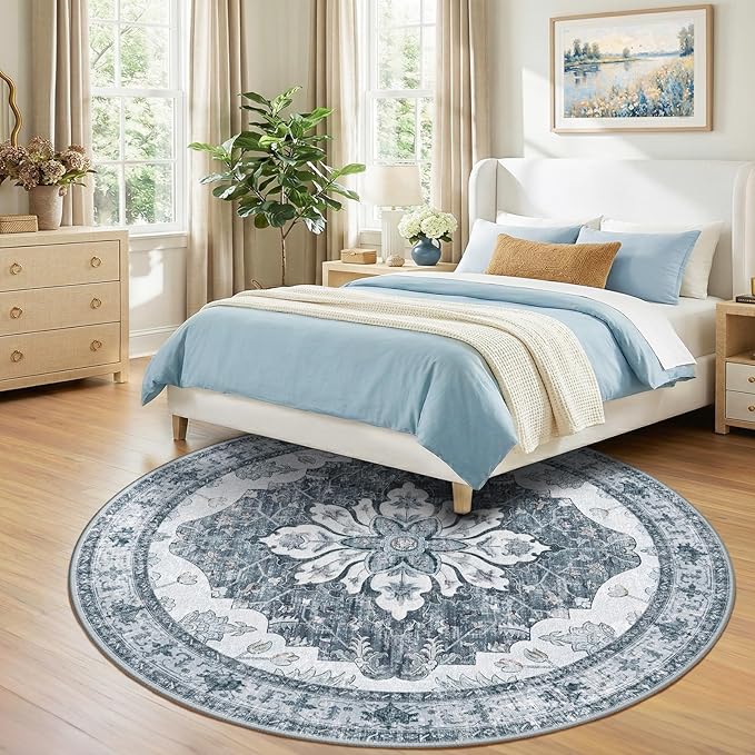 RELEANY Area Rugs Round 8ft Washable Non-Slip, Floral Vintage Distress Print - Image 3