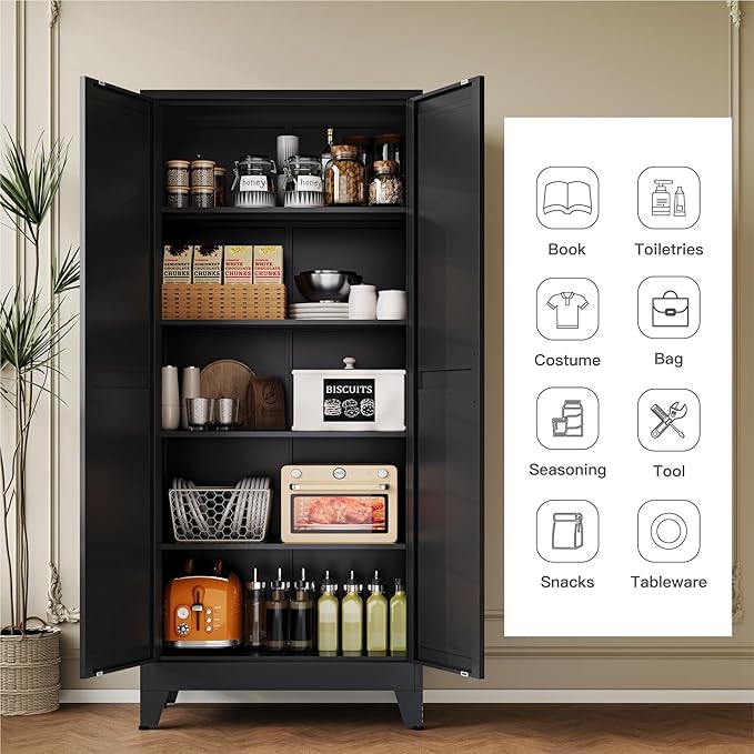 YAUWOH 71''Metal Cabinet with 4 Adjustable Shelves, 5-Tier Pantry Storage - Image 4