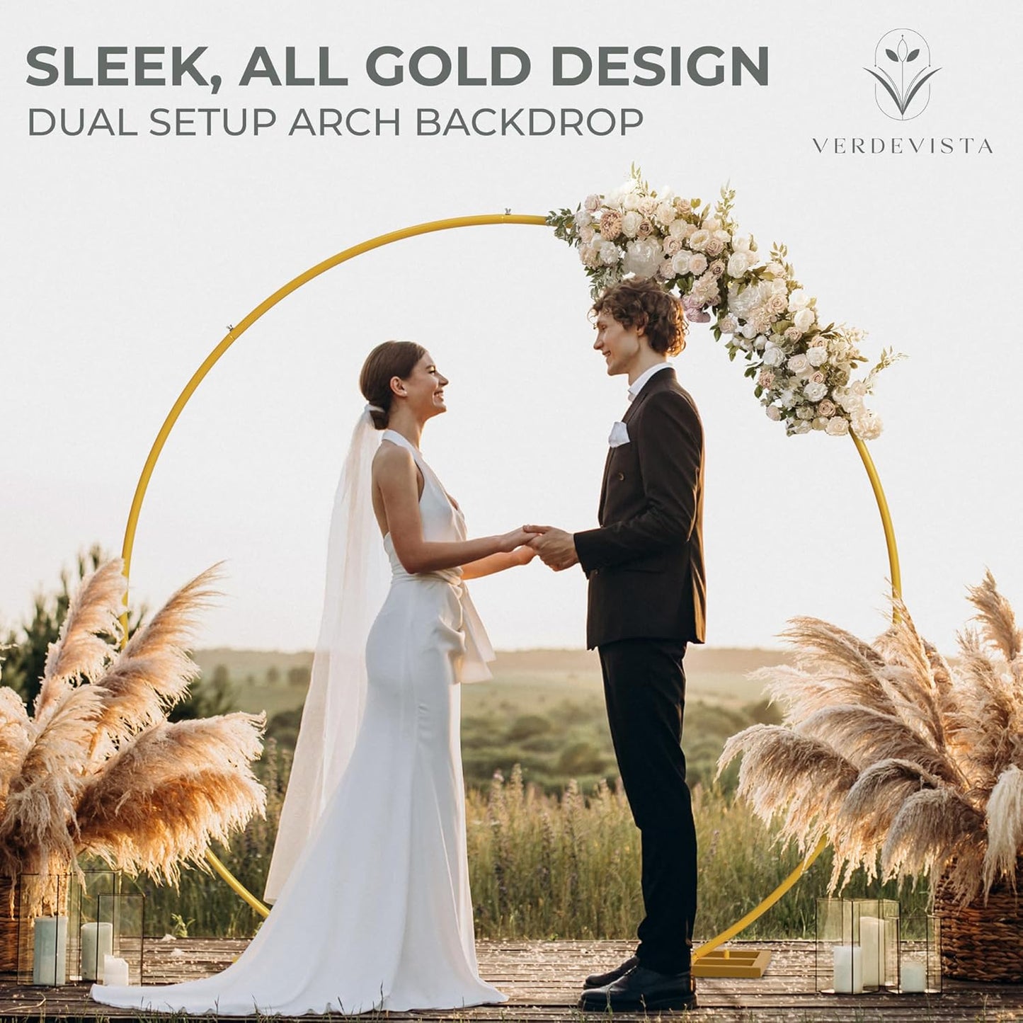 VerdeVista Convertible 6.5 FT Round Backdrop Stand - Heavy Duty Balloon Arch Stand with 2 Waterbags - Multiuse Photo Backdrop Arch, Gold Circle Ring Balloon Arch Frame for Wedding Baby Shower & More