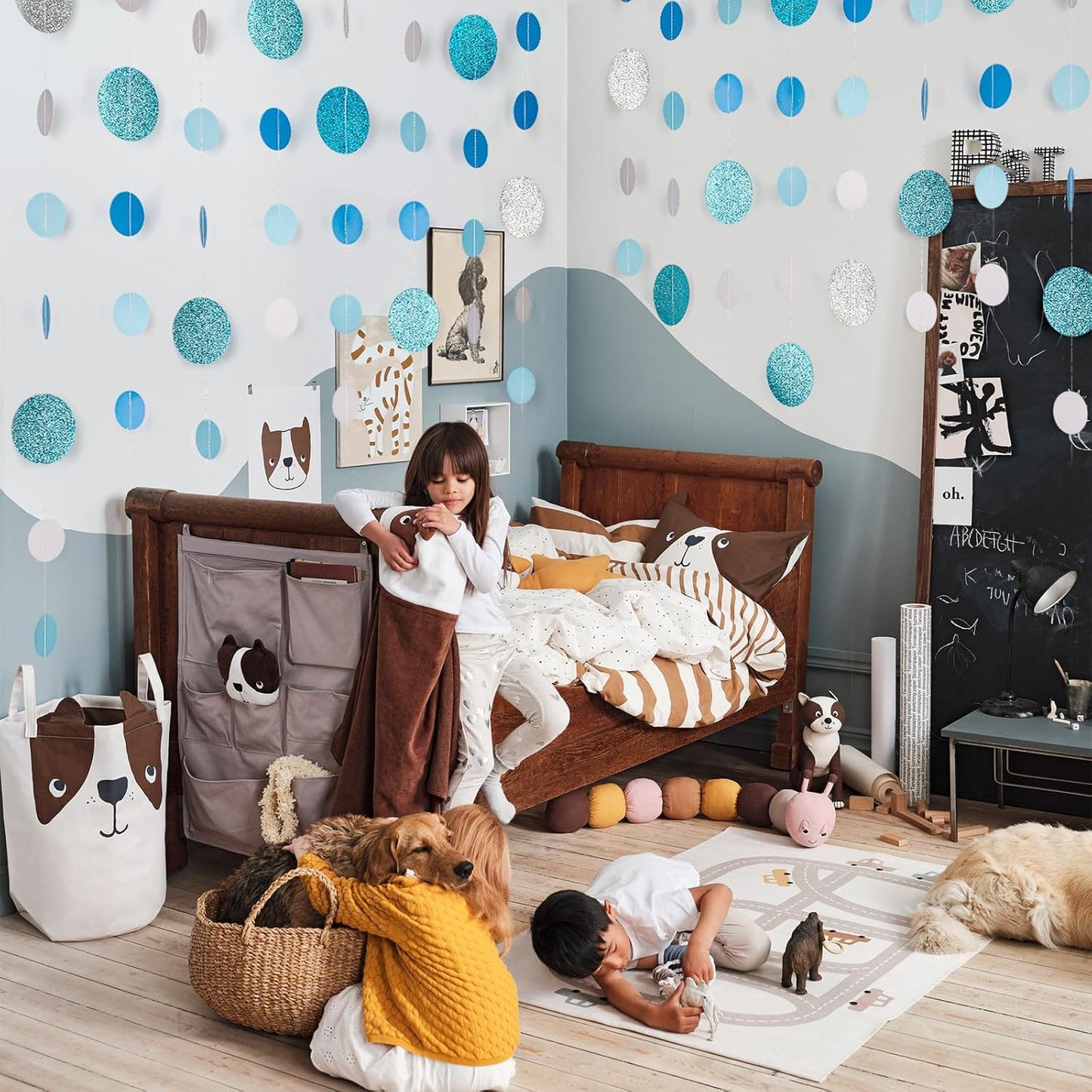 8 Pack Blue Glitter Dot Garland, Hanging Circle Streamers Banner, Backdrop Hanging Decorations for Baby Showers, Weddings, Birthday Parties, Winter Celebrations, and Holiday Decorations