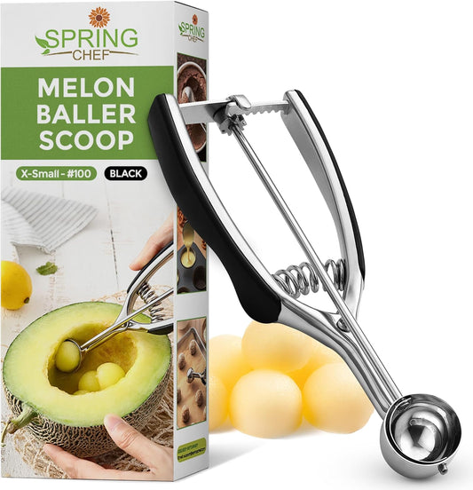 Spring Chef Extra Small Cookie Scoop, Stainless Steel Melon Baller, Baking Scooper, Spring Loaded Trigger for Cookie Dough, Ice Cream, Meatball, Cupcake - 0.6 tablespoon (tbsp) portion, #100, Black