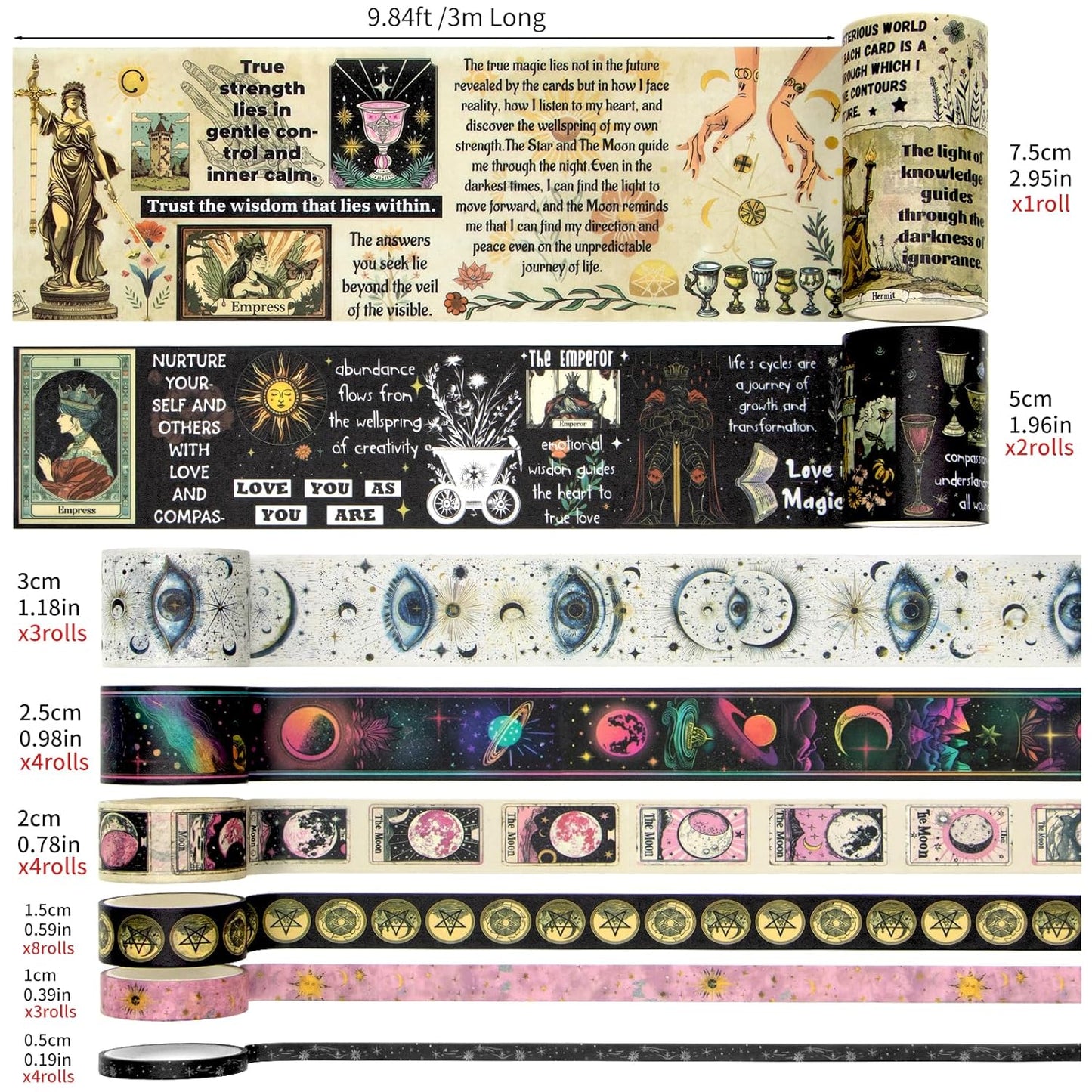 29 Rolls Washi Tape Set - Tarot Theme Decorative Masking Tape Colored Patterns, Vintage Adhesive Artists Tapes for Journaling Supplies, Diy Crafts, Scrapbooking, Junk Journal Supplies, School Supplies