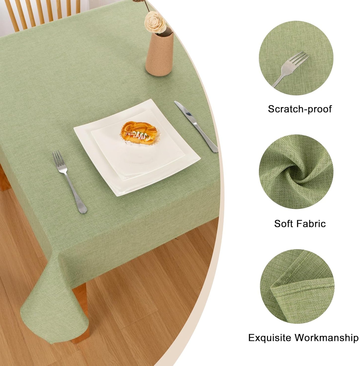 Hiasan Faux Linen Rectangle Tablecloth - Wrinkle and Stain Resistant Washable Table Cloth for Kitchen Dining Room Holiday Table Cover for Dinner, Green, 60 x 140 Inch