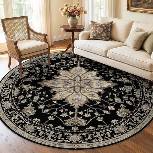RELEANY Area Rugs Round 6ft Washable Non-Slip, Floral Vintage Distress Print by RELEANY