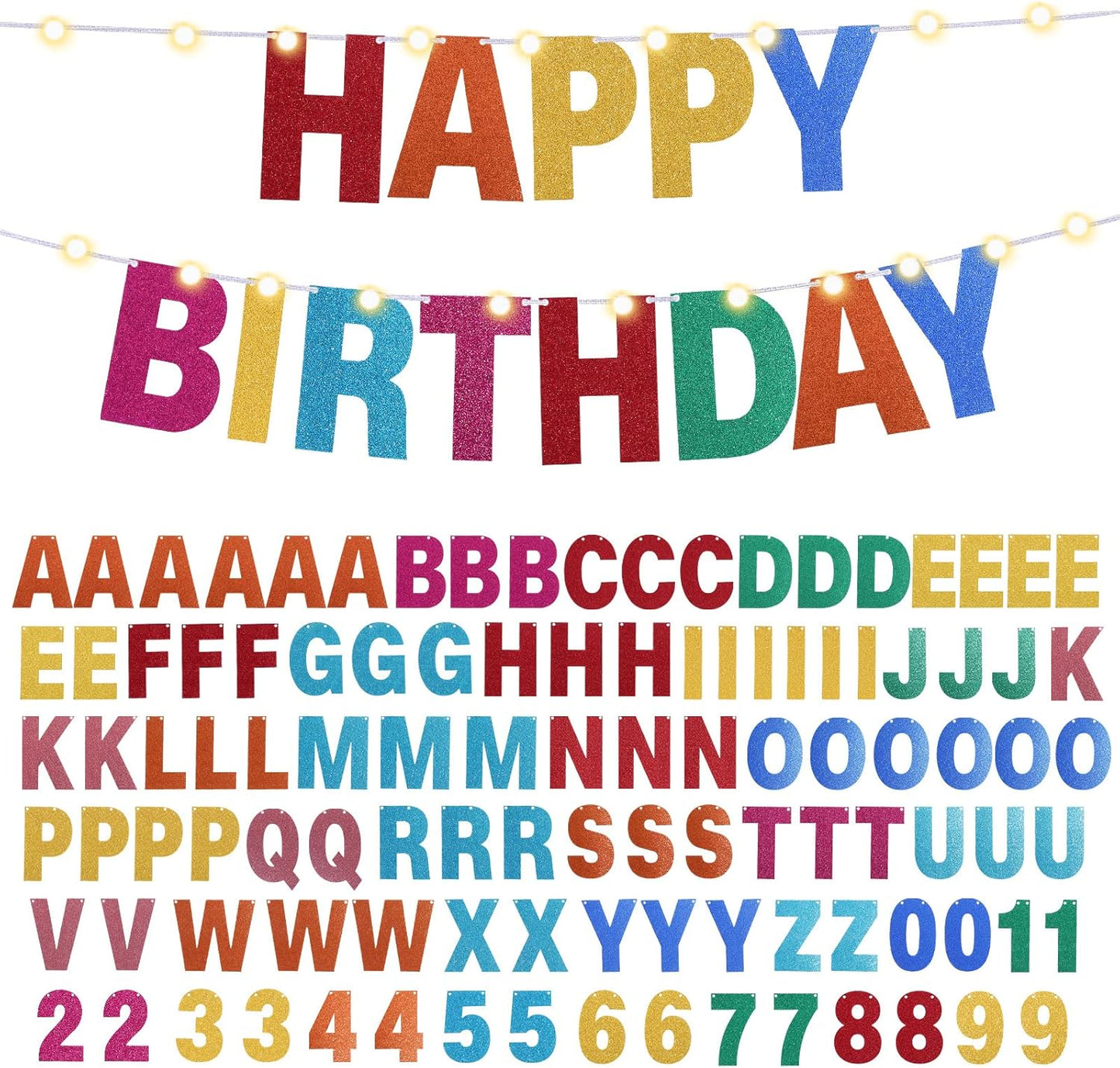 TaoBary 112 Pcs DIY Letter Custom Banner Glitter Customizable Banner Kit Including 107 Letters and Numbers 3 Rope for Valentine Birthday Party(Rainbow)