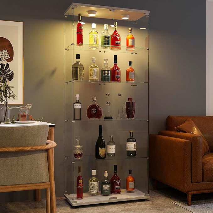 FANYUSHOW Display Cabinet with Glass Door and LED Light, 5-Tier Tempered Glass by FANYUSHOW