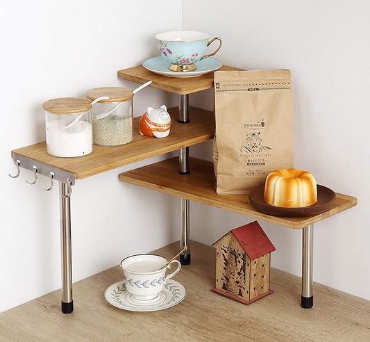 3-Tier Corner Shelf, Bamboo & Metal Storage Rack by HYNAWIN
