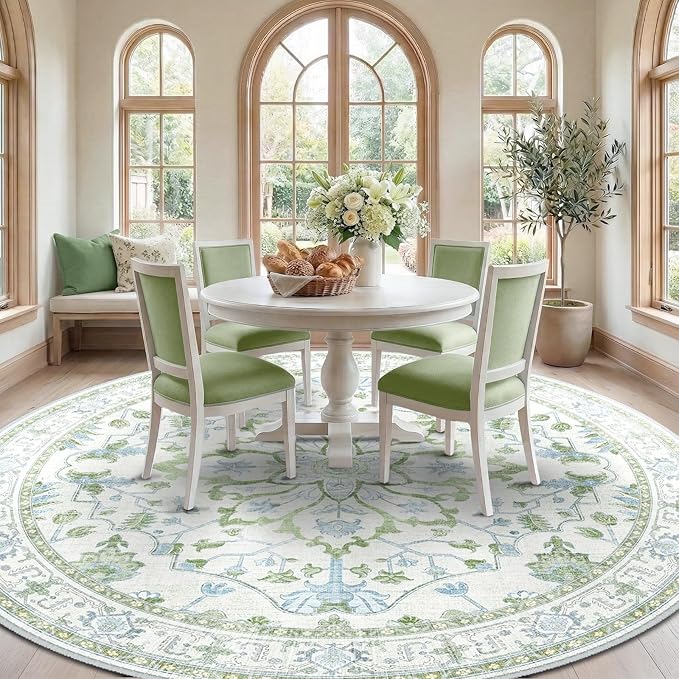 RELEANY Area Rugs Round 8ft Washable Non-Slip, Floral Vintage Distress Print - Image 2