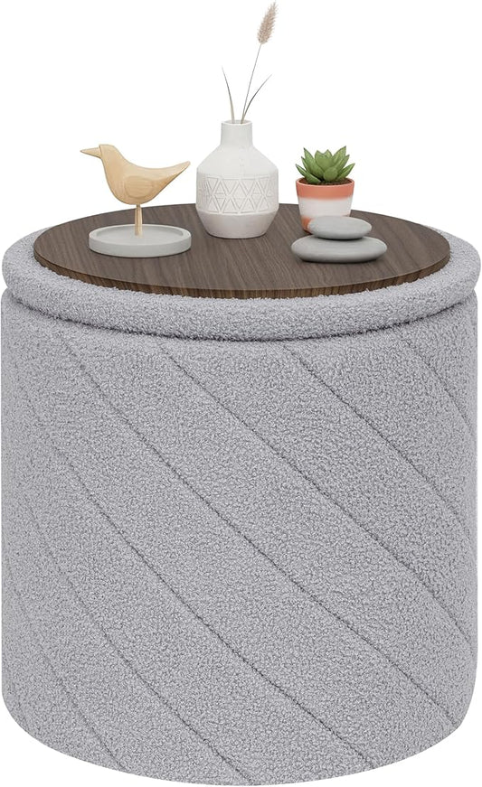 PINPLUS Ottoman with Stroage Round Boucle Ottoman and Tray Sherpa Removable by PINPLUS