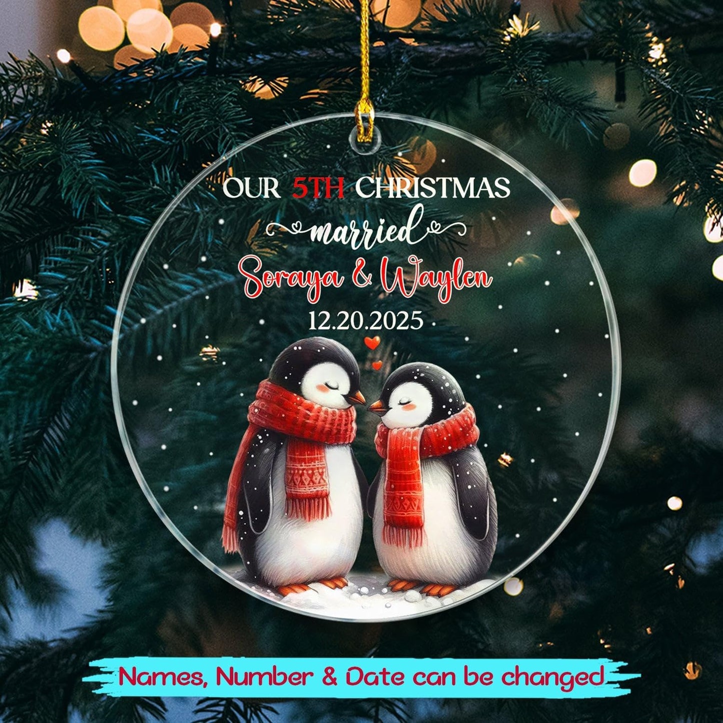 Our 5TH Christmas Married Ornament 2025, Customized Date & Name Mr & Mrs Penguin Xmas Ornament Gift for Married Couple, Personalized Mr & Mrs Penguin Marriage Ornaments for 5th Anniversary Together
