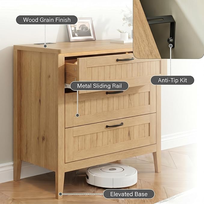 GarveeLife 3 Dresser Drawer for Bedroom, 27.6" Wide Wood Bedside Table for - Image 4