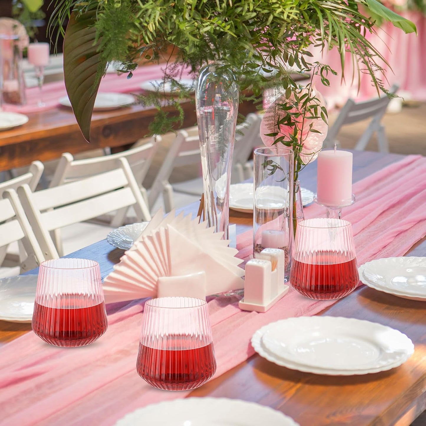 Suclain 50 Pcs Plastic Wine Glasses Pink Ribbed Stemless Wine 14oz Vertical Design Unbreakable Cups for Outdoor Indoor Vintage Elegant Champagne Whiskey Glasses for Christmas Party Wedding