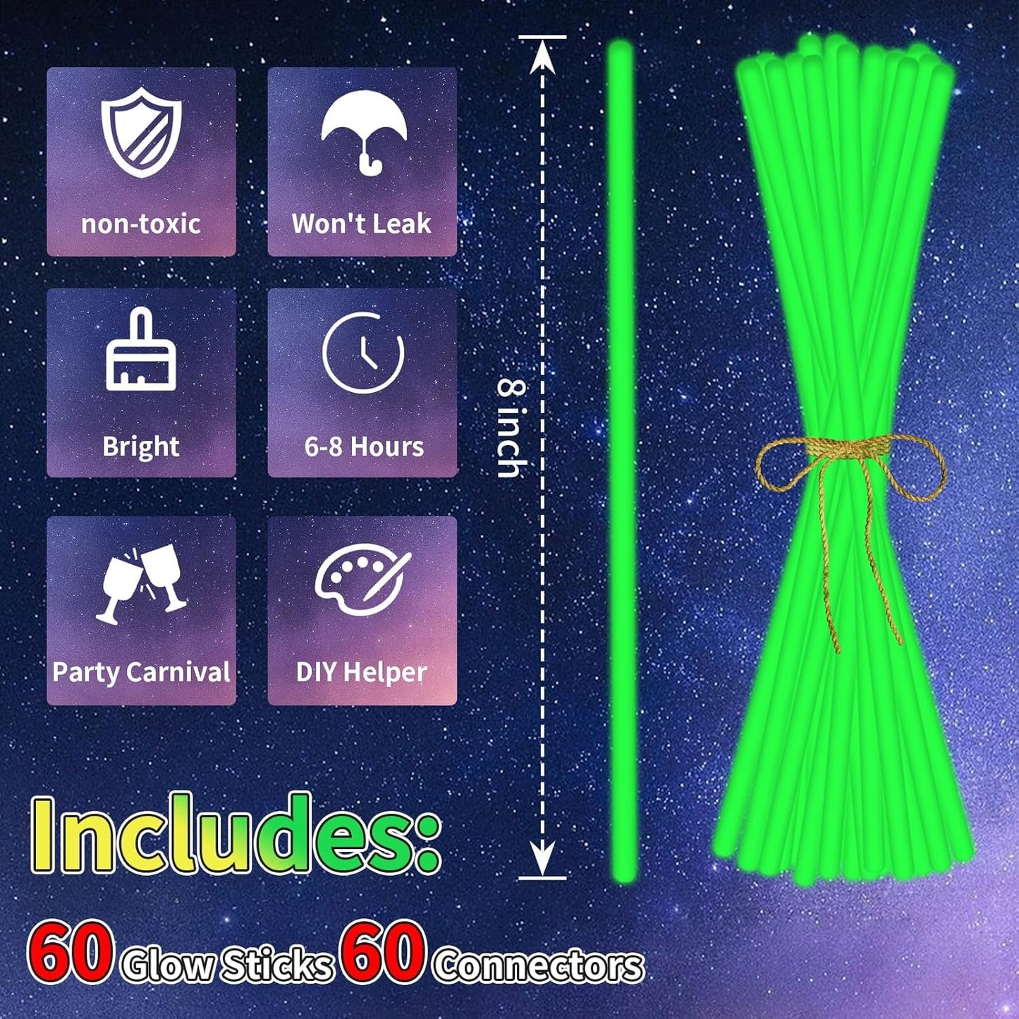 60 Pack 8” Green Glow Sticks Bulk with 60 Connectors Neon Glow In The Dark Party favors Supplies for Holiday Birthday Party Decoration (Green)
