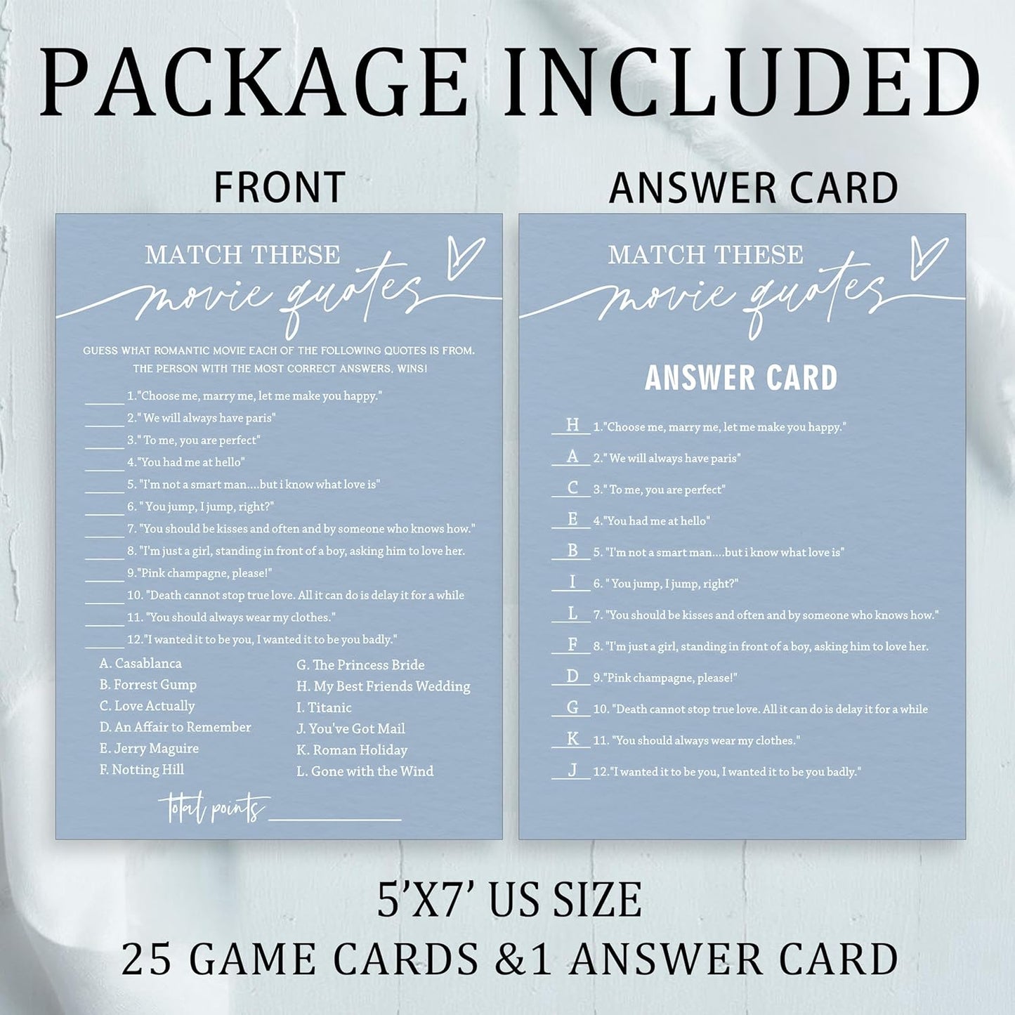 Fun Bridal Shower Games Match These Movie Quotes for Engagement Party Wedding Games 25 Game Cards with 1 Answer Card for 25 Guests Minimalist Blue Wedding Party Entertainment Supplies - B02