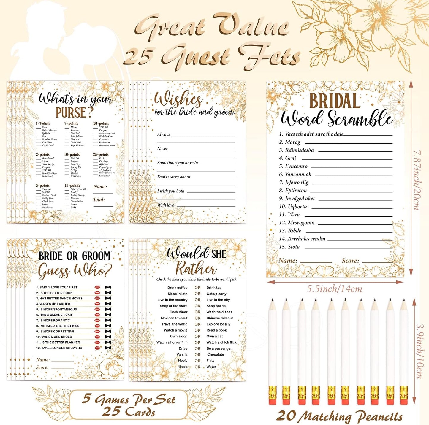Teling 145 Pieces Bridal Shower Game Bridal Shower Favors Set Wedding Games Cards and Pencils for Bride Groom Bachelorette Party Wedding Party Favor(Golden Flower Style)