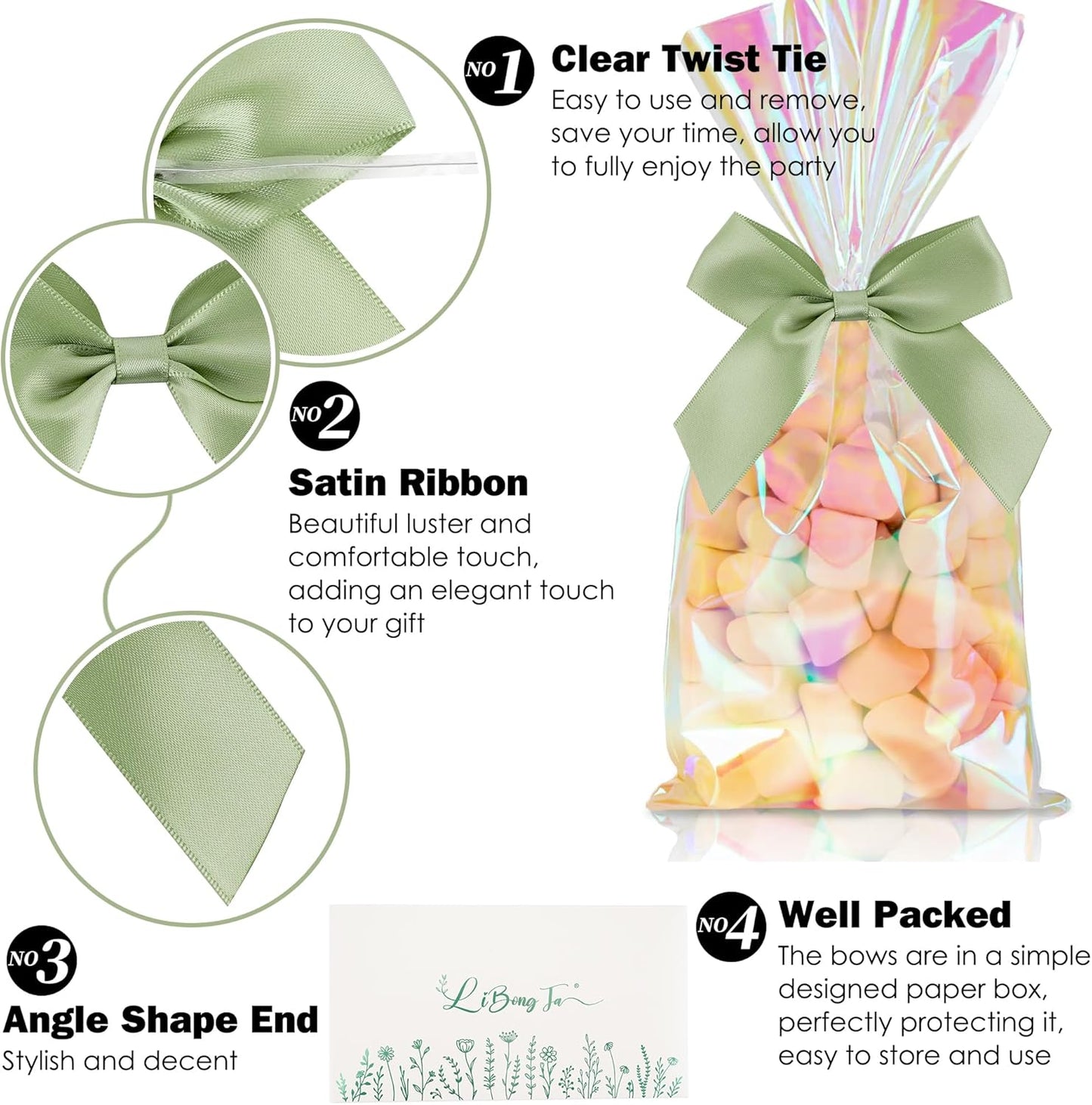 3.5" Sage Green Bow Satin Pre-Tied Bows for Gift Wrapping, Small Bows for Crafts, Premade Bows, Candy Apple Bows, Twist Tie Bows for Cake Decorating, Party Favor, Wedding Decoration-36 Counts