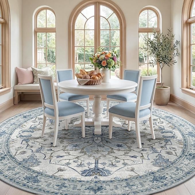 RELEANY Area Rugs Round 8ft Washable Non-Slip, Floral Vintage Distress Print - Image 2