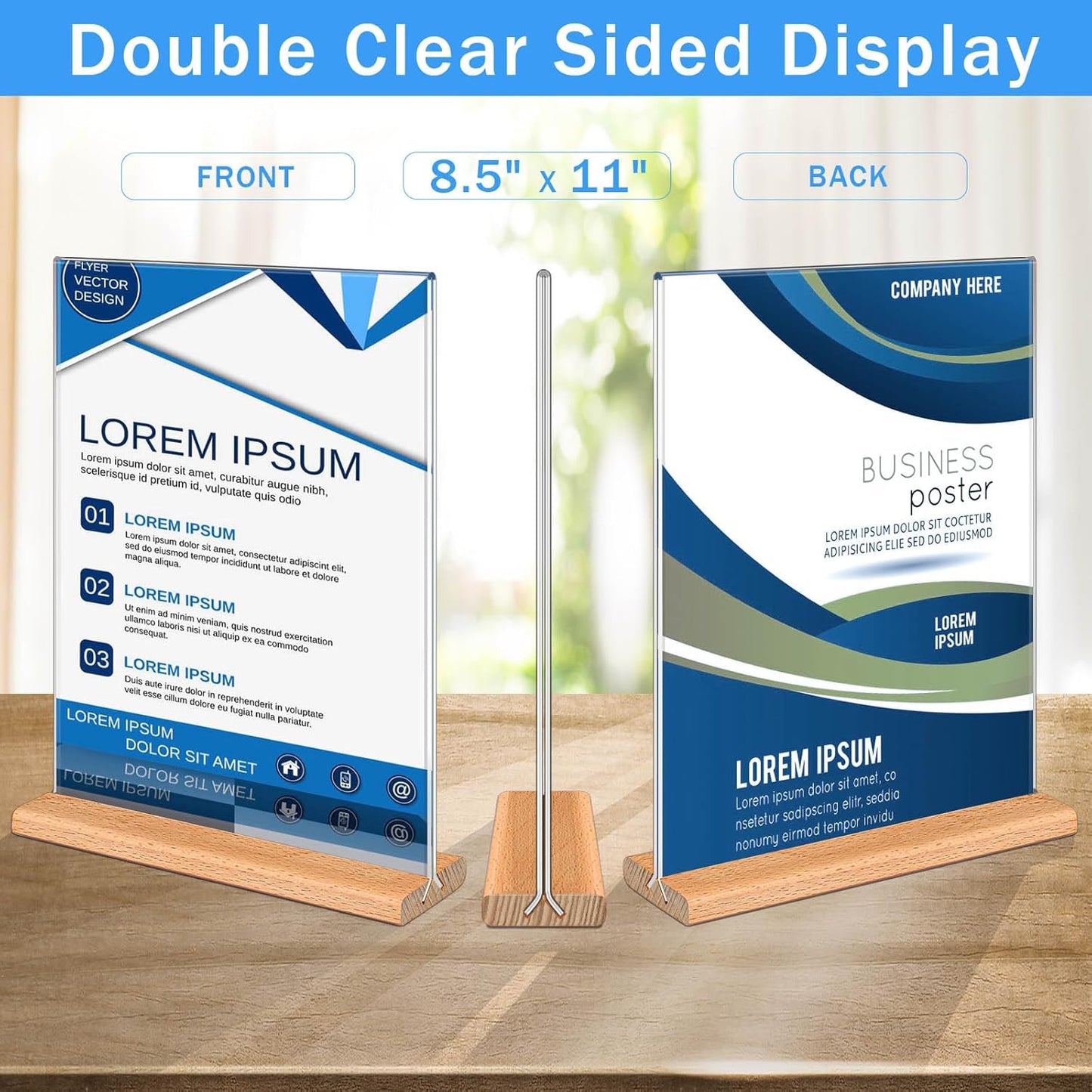Kersally Acrylic Sign Holder 8.5 x 11, 3 Pack Double-Sided Clear Table Display Stands with Wood Base,Vertical Acrylic Frame Menu Flyer Paper Holder for Stores, Restaurants, Hotels, Office, Show Fair