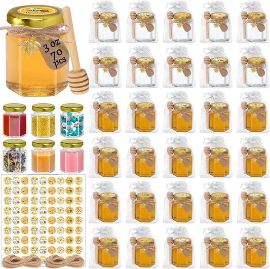 Aliggbent 70 Pack Small Honey Jars for Party Favors in Bulk, 3 oz Mini Hexagon Glass Honey Jars with Dippers, Lids, Cute Stickers, Bee Charms, Gift Bags and Jute for Baby Showers, Weddings, Birthdays
