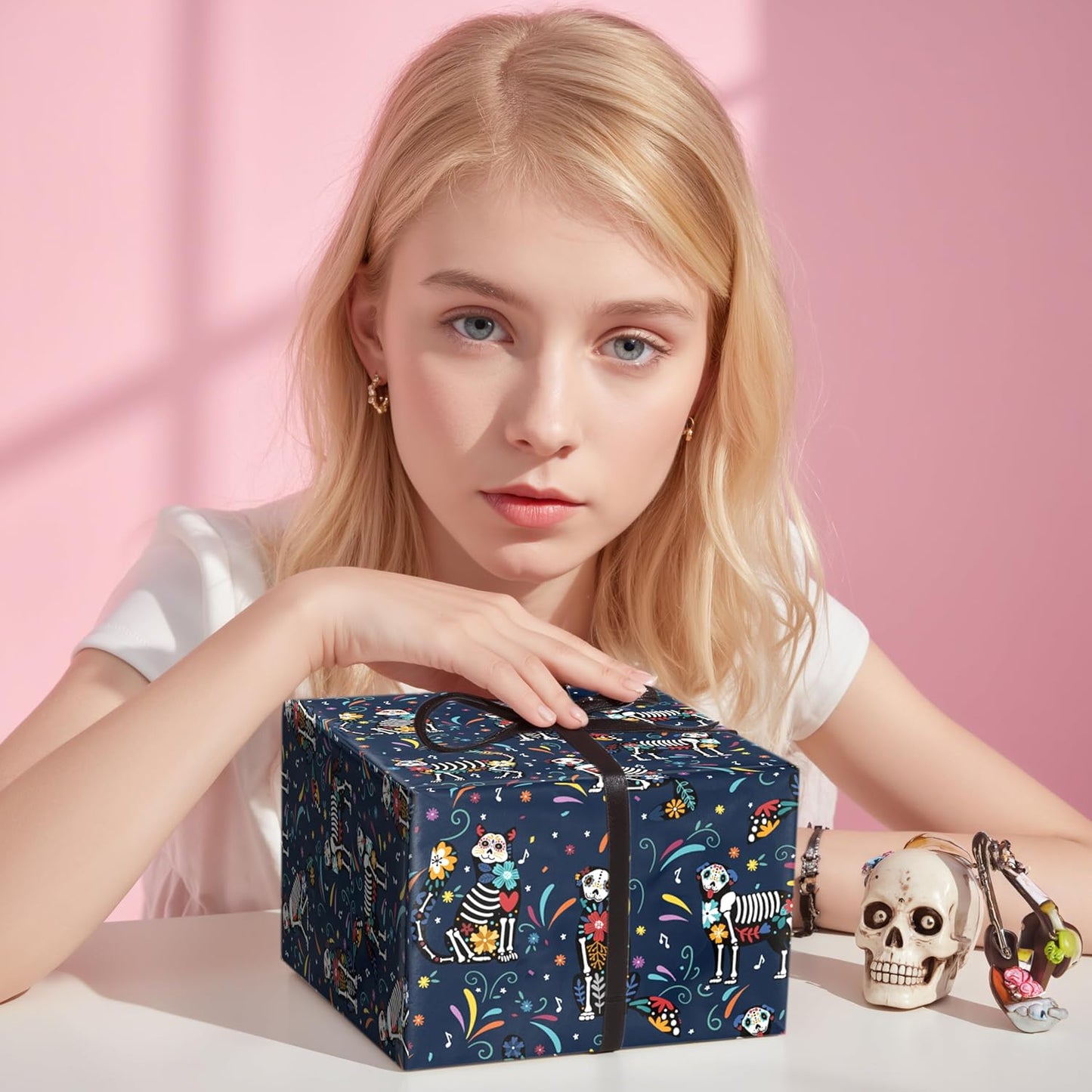 LeZakaa Day of the Dead Wrapping Paper Roll, Colorful Skeleton Dogs Cats with Flowers Music Notes Design in Navy Blue, Día de Muertos Gift Wrap for Friends, Family, Kids, Mini Roll 17 in x 16.4 Ft