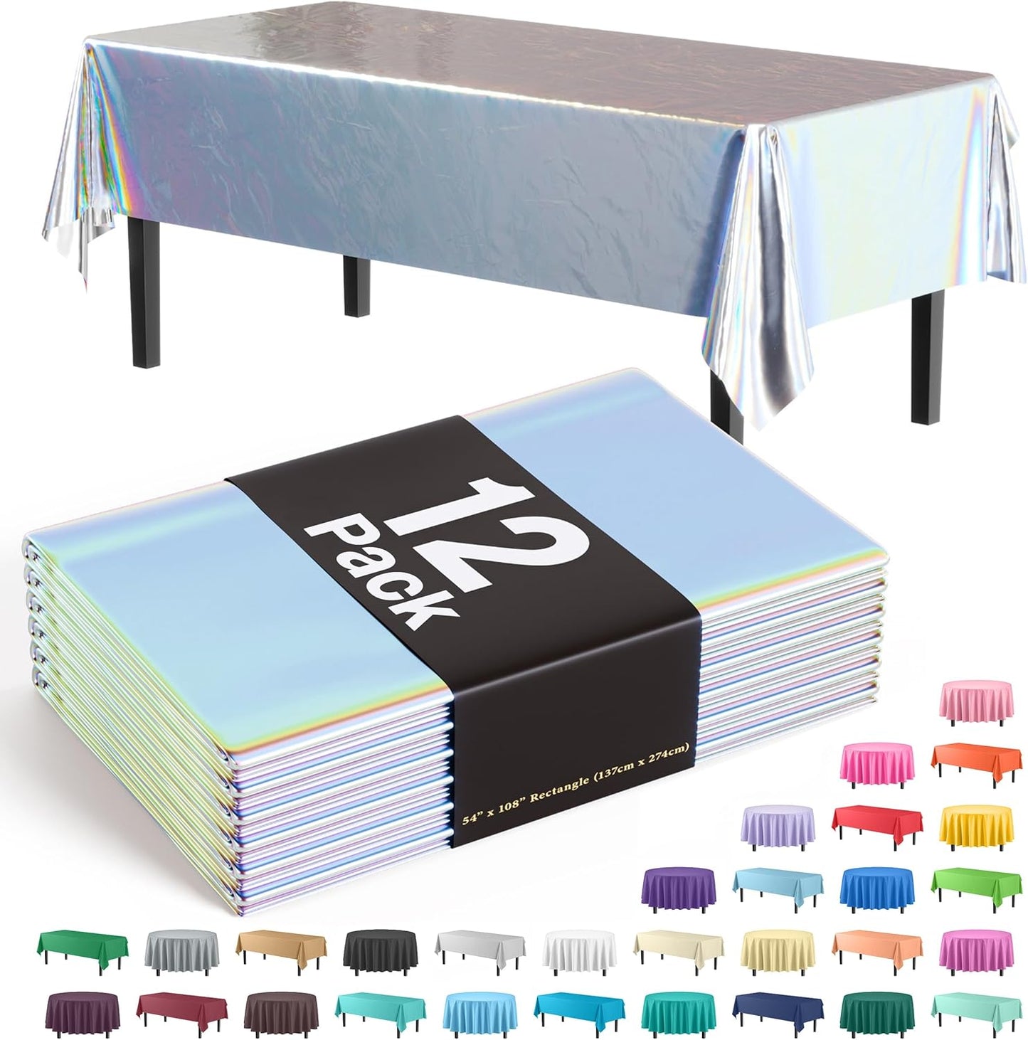 Party Solids Pack Of 12 - Premium Plastic Tablecloth 54 Inch x 108 Inch Rectangle Table Cover - Iridescent