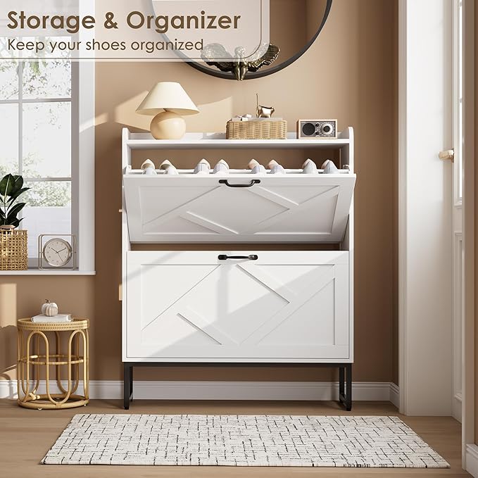 Nicetree Shoe Cabinet with 2 Flip Drawers, Freestanding Shoe Organizer - Image 4