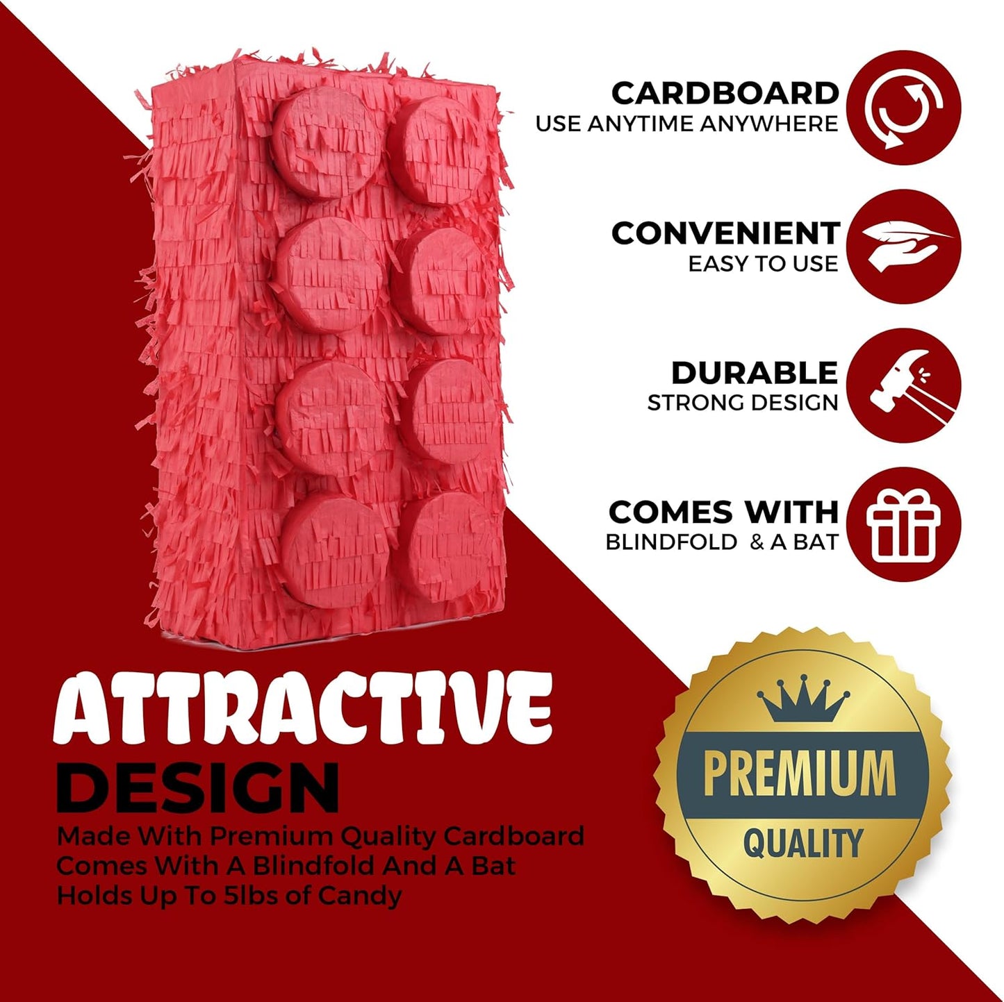 Block Pinata Bundle with a Blindfold and Bat(17 x 11 x 4 Inches), Perfect for Birthday Party Supplies, Building Blocks Theme Birthday, Decoration