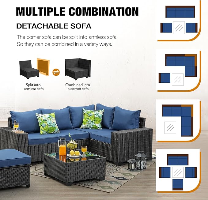 JOYURE 6 Pieces Patio Furniture Set All-Weather Outdoor Wicker Sectional - Image 7