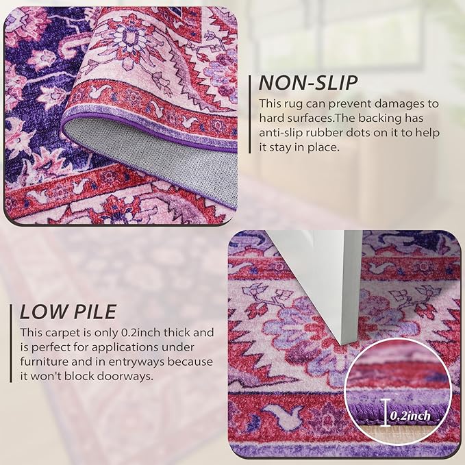 Purple Area Rugs for Living Room, 4x6 Washable Rugs for Bedroom, Non-Slip Retro - Image 4
