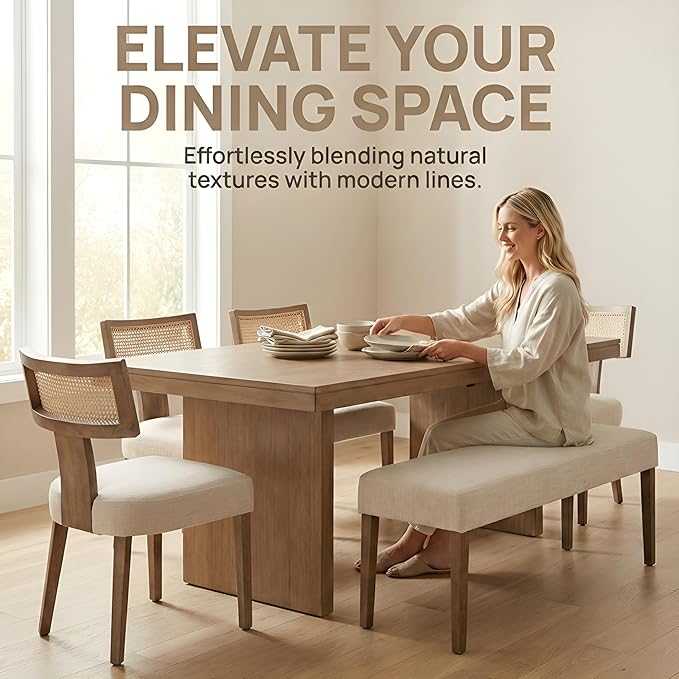 HNY Mid Century Modern Rattan Dining Chairs Set of 4, Farmhouse Linen - Image 7