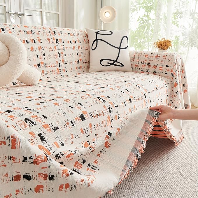 DREAMINGO Abstract Chenille Couch Cover Blanket Beige Orange Black Boho Sofa - Image 4