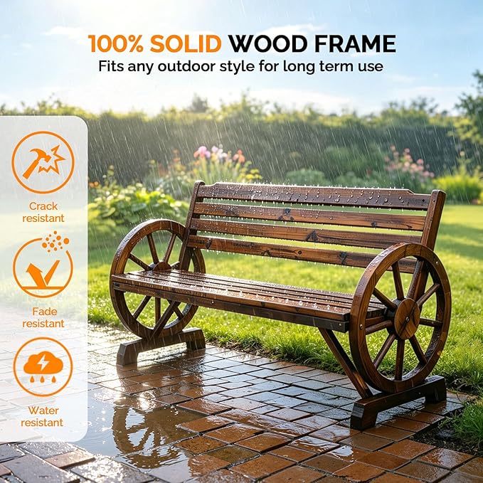 VINGLI Rustic Wooden Wheel Bench Outdoor Bench, Patio Bench Wagon Slatted Seat - Image 6