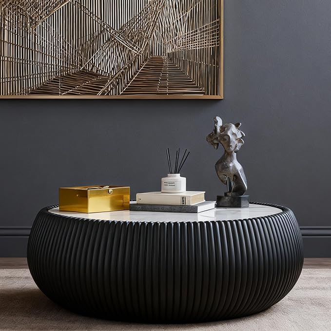 27.55" Round Marble Coffee Table, Modern Fluted Coffee Table - Image 4